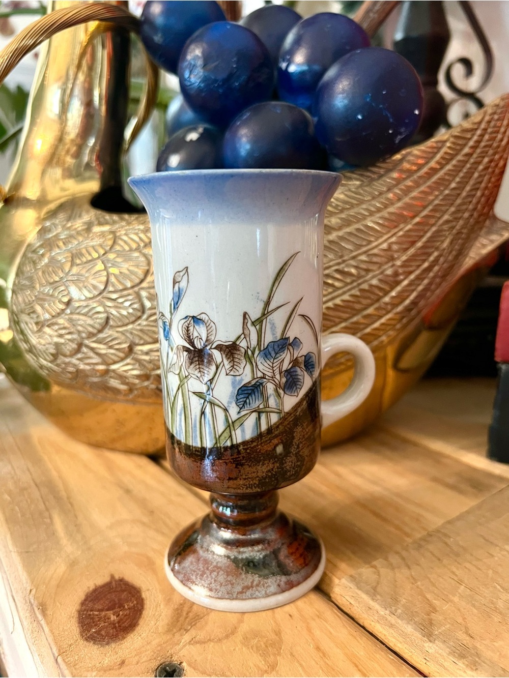 Otagiri Vintage Irish Coffee Cup Mug Irises Footed Pedestal Japan 5.5"